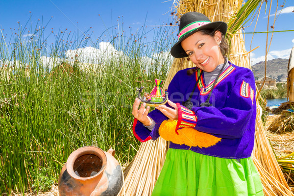 Woman, in indian costume on Uros island Peru Stock photo © pxhidalgo