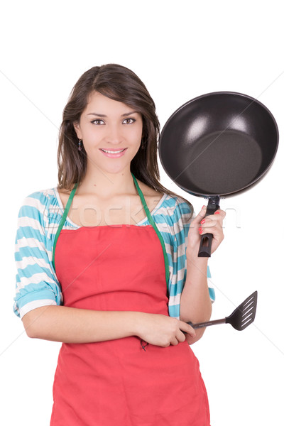 Bela mulher frigideira isolado branco mulher cozinha Foto stock © pxhidalgo