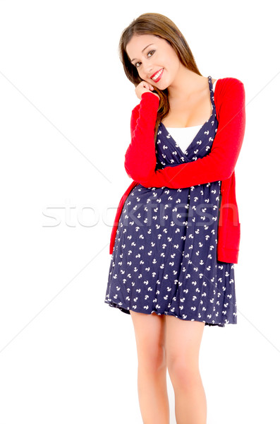 Happy Young woman in dotted dress and sweater on a white background Stock photo © pxhidalgo