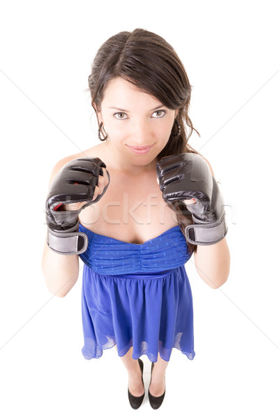 Młoda kobieta rękawice bokserskie casual dress kobieta szczęśliwy Zdjęcia stock © pxhidalgo