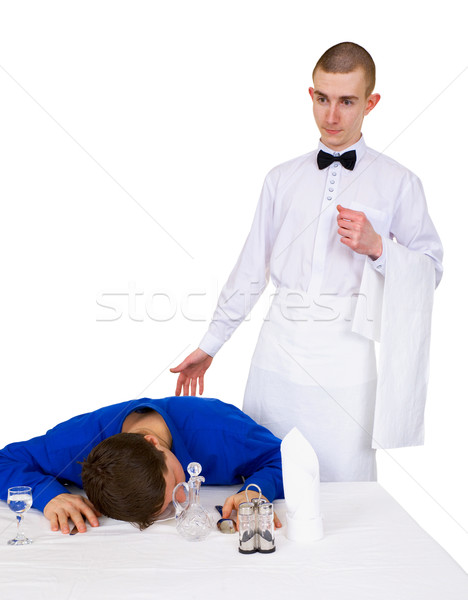 Waiter and drunk guest of restaurant Stock photo © pzaxe