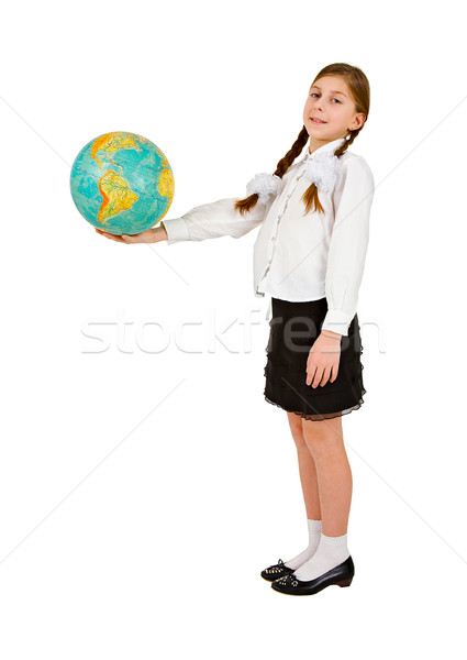 Girl and terrestrial globe on white Stock photo © pzaxe