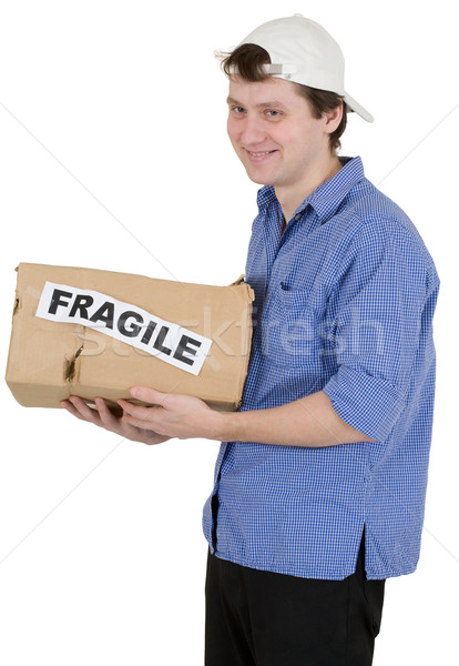 Człowiek karton napis kruchy utrzymać strony Zdjęcia stock © pzaxe