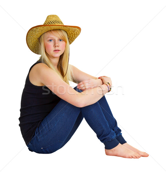 [[stock_photo]]: Jeune · fille · agriculteur · robe · séance · isolé · blanche