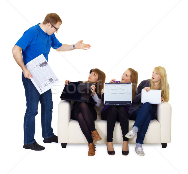 Stockfoto: Man · teen · tieners · vergadering · bank · laptops