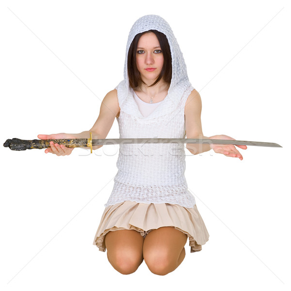 Teenage girl sitting on the lap with traditional Japanese sword  Stock photo © pzaxe