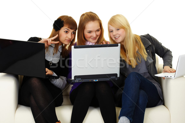Kızlar iletişim kurmak Internet gülümseme gözler arkadaşlar Stok fotoğraf © pzaxe