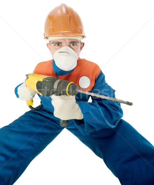 Muncitor mână găuri cască alb om Imagine de stoc © pzaxe