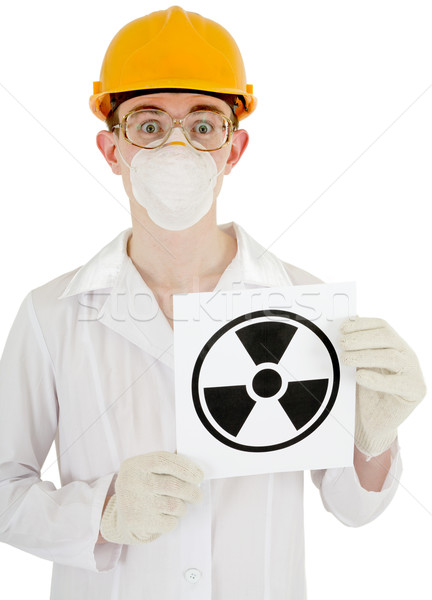 Zdjęcia stock: Naukowiec · plakat · promieniowanie · kask · biały · tle
