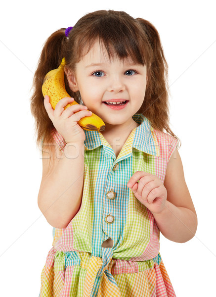 Foto stock: Nino · plátano · teléfono · móvil · aislado · blanco · nina