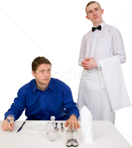 Foto stock: Garçom · convidado · restaurante · branco · homem · azul