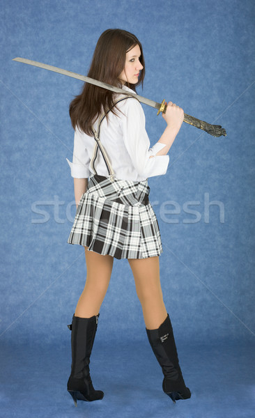 Stock fotó: Gyönyörű · lány · japán · kard · szoknya · kék · nő