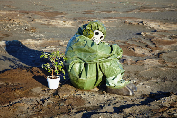 Man in chemical suit and houseplant in desert Stock photo © pzaxe