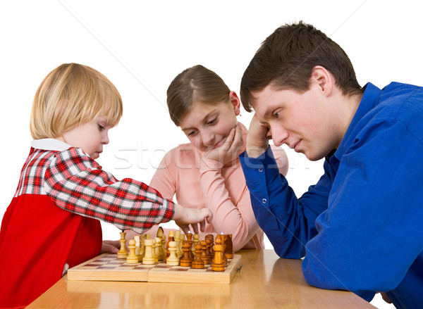 Foto stock: Homem · criança · jogar · xadrez · branco · menina