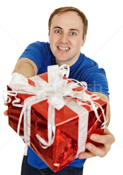Funny człowiek szczęśliwie dar odizolowany biały Zdjęcia stock © pzaxe
