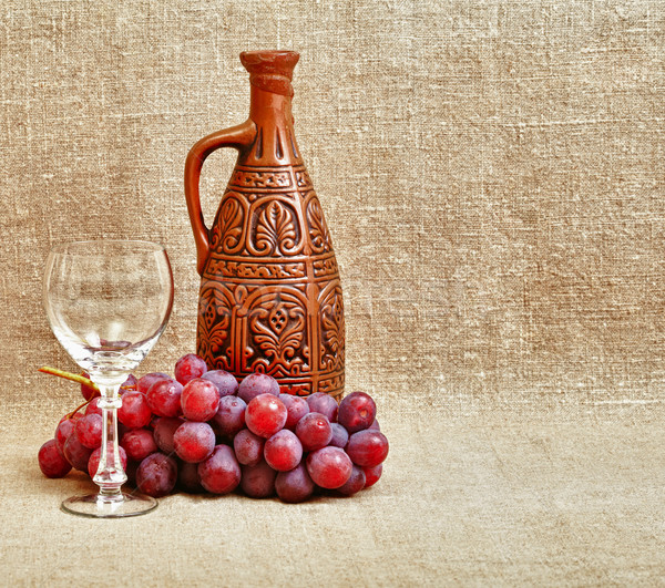 [[stock_photo]]: Bouteille · raisins · verre · toile · argile · fruits