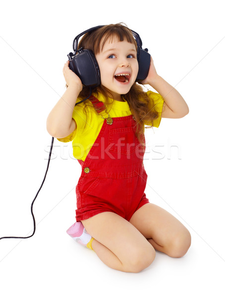 Foto stock: Little · girl · sessão · branco · grande · música · mãos