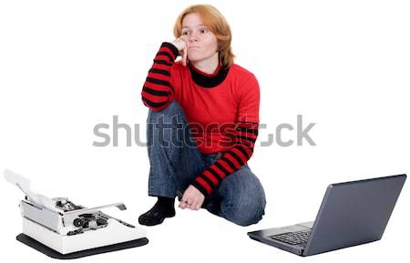 Fată laptop maşină de scris alb femeie mână Imagine de stoc © pzaxe