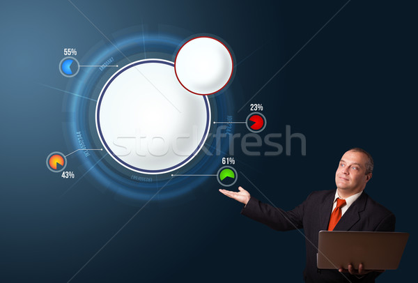 businessman in suit holding a laptop and presenting abstract modern pie chart Stock photo © ra2studio