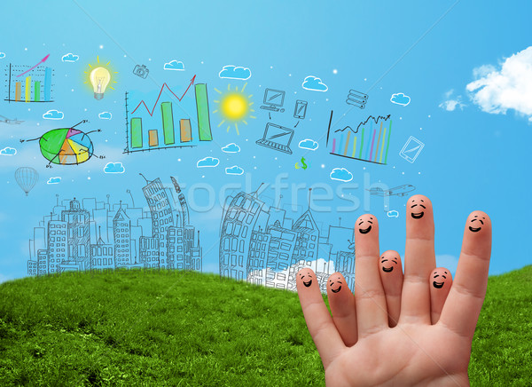 Happy smiley fingers looking at hand drawn urban city landscape Stock photo © ra2studio