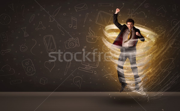 Stock foto: Glücklich · Geschäftsmann · springen · Tornado · braun · Business