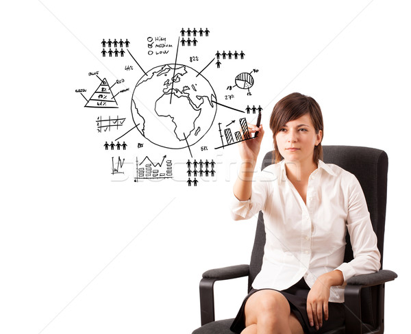 Foto stock: Mulher · jovem · desenho · globo · diagramas · isolado · branco