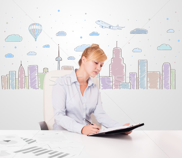 Stock photo: Pretty businesswoman with colorful city sky-scape background