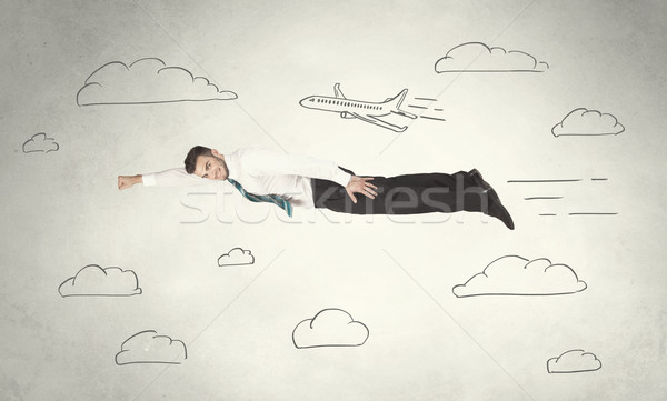 Stock fotó: Derűs · üzletember · repülés · kézzel · rajzolt · égbolt · felhők