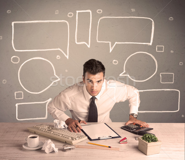 Elfoglalt irodai dolgozó rajzolt szöveg buborékok intelligens Stock fotó © ra2studio