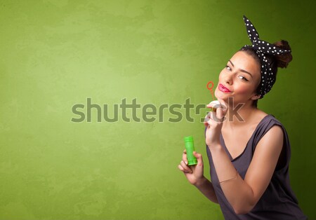 красивая женщина мыльный пузырь копия пространства зеленый женщину Сток-фото © ra2studio