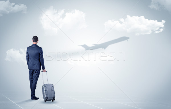 Stock photo: Businessman with luggage  look to an airplane