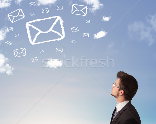 Foto stock: Empresário · olhando · e-mail · símbolo · nuvens · blue · sky