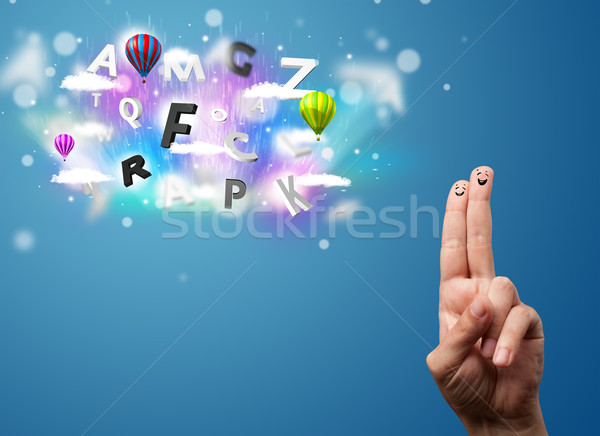 Happy cheerful smiley fingers looking at colorful magical clouds and balloons illustration Stock photo © ra2studio