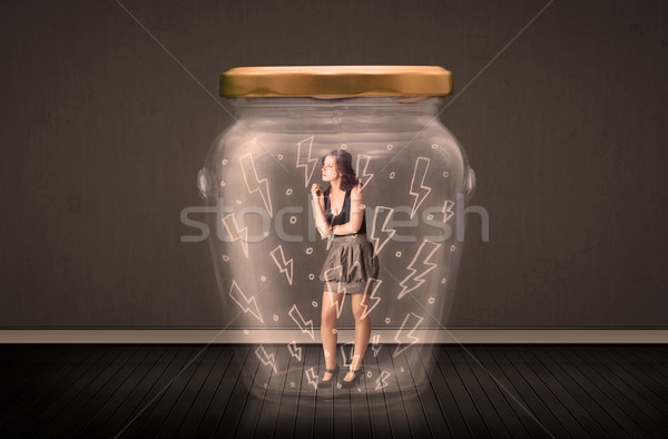 Stockfoto: Zakenvrouw · binnenkant · glas · jar · bliksem · tekeningen