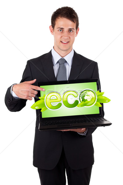 деловой человек указывая Эко ноутбука изолированный белый Сток-фото © ra2studio