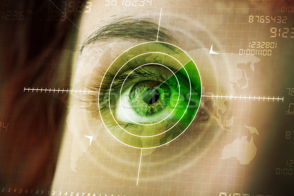 Stock photo: Cyber woman with modern military target eye