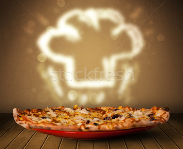 Foto stock: Delicioso · pizza · chef · cocinar · sombrero · vapor