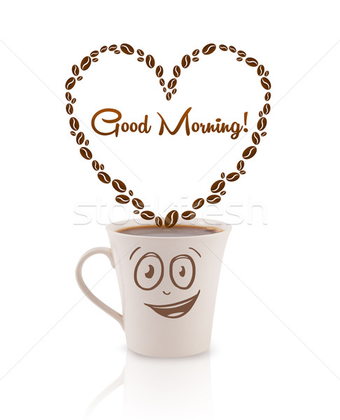 Stock photo: Coffee mug with coffee beans shaped heart with good morning sign, isolated on white