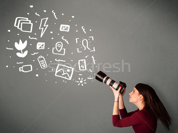 [[stock_photo]]: Photographe · fille · blanche · photographie · icônes · symboles