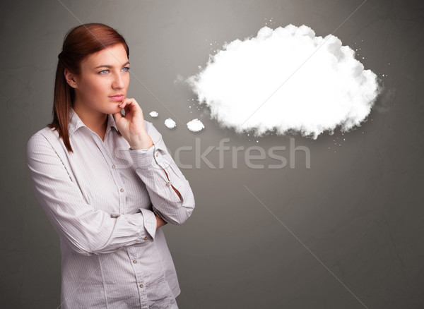 Pretty lady thinking about cloud speech or thought bubble with c Stock photo © ra2studio