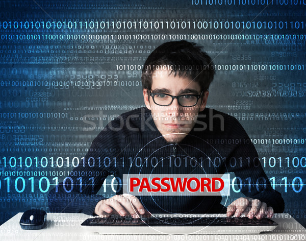 Jungen Geek Hacker Diebstahl Kennwort futuristisch Stock foto © ra2studio