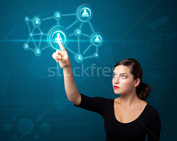 Businesswoman pressing modern social type of icons Stock photo © ra2studio