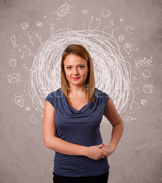 Pretty young girl with abstract circular doodle lines and icons Stock photo © ra2studio