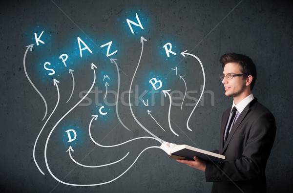 Young man reading a book while multiple choices are coming out of the book Stock photo © ra2studio