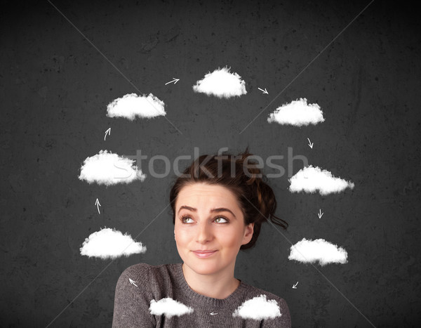 若い女性 思考 雲 周りに 頭 ストックフォト © ra2studio