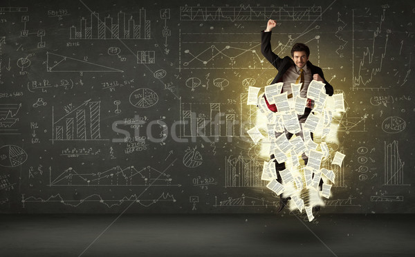 Jóképű üzletember ugrik papír irat felhő Stock fotó © ra2studio