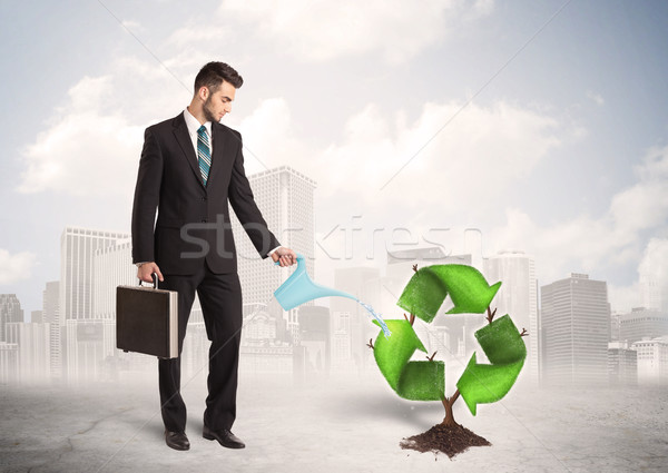 Business man watering green recycle sign tree on city background Stock photo © ra2studio