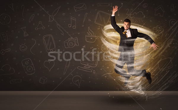 Stockfoto: Gelukkig · zakenman · springen · tornado · bruin · business