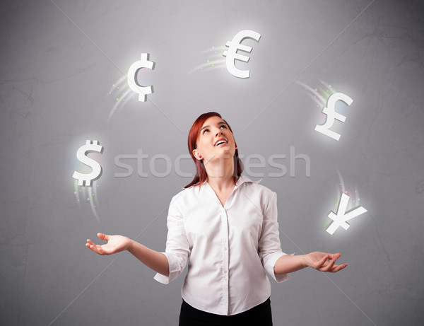 Foto stock: Jóvenes · dama · pie · malabares · moneda · iconos