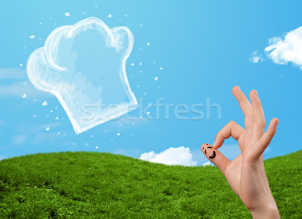 Happy smiley face fingers looking at illustration of cook hat Stock photo © ra2studio